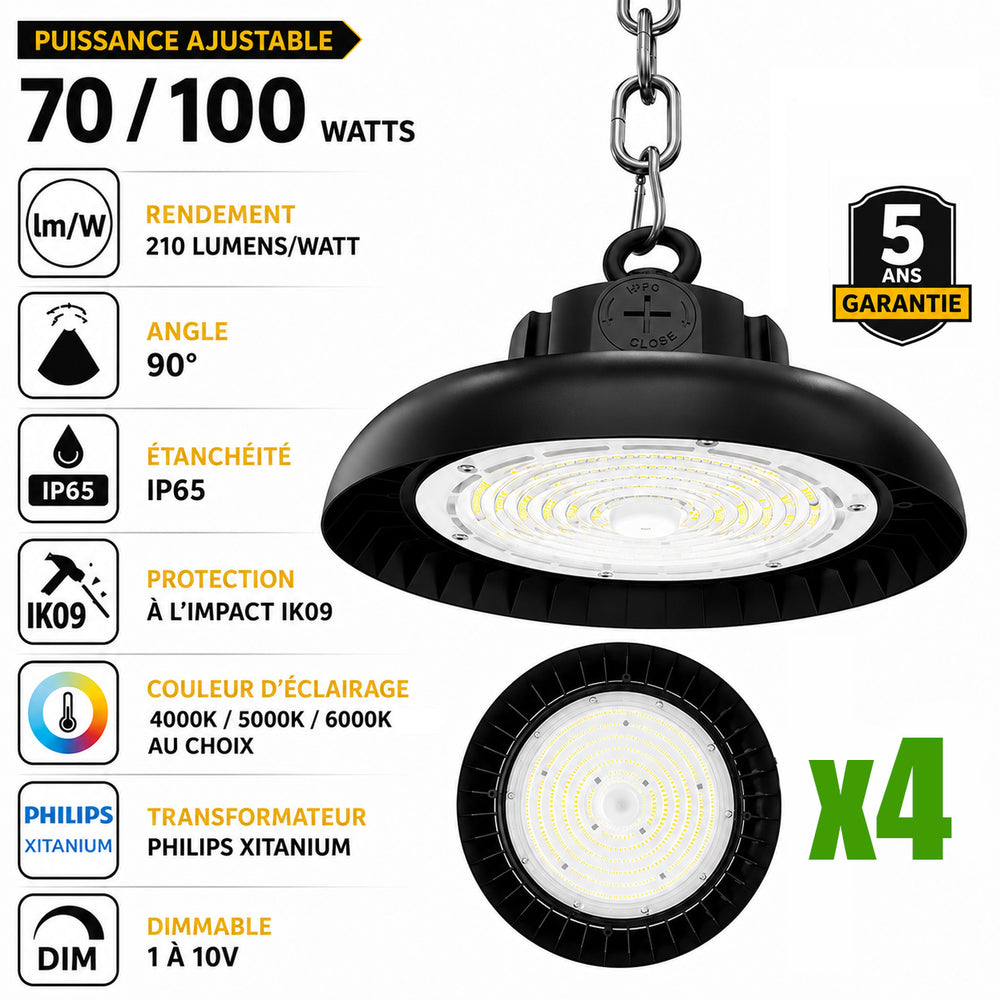 Pack de 4x Lampes industrielles UFO - Série AVENIR V2 - Puissance ajustable 70 / 100 Watts - 21 000 Lumens - 210 Lumens/Watt - Angle 90° - IP65 - IK09 - 255 x 110 mm - Dimmable 1-10V - Transformateur PHILIPS - Garantie 5 ans