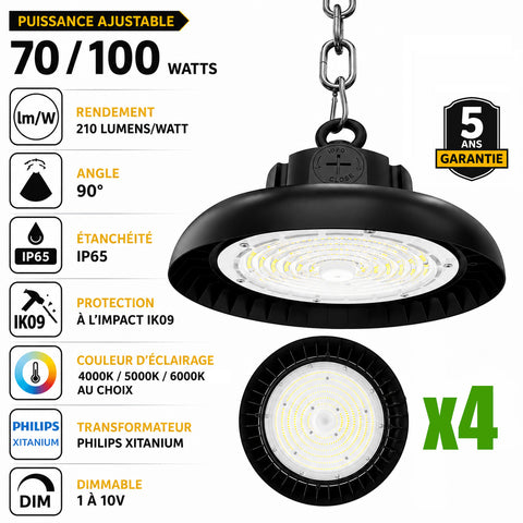 Pack de 4x Lampes industrielles UFO - Série AVENIR V2 - Puissance ajustable 70 / 100 Watts - 21 000 Lumens - 210 Lumens/Watt - Angle 90° - IP65 - IK09 - 255 x 110 mm - Dimmable 1-10V - Transformateur PHILIPS - Garantie 5 ans