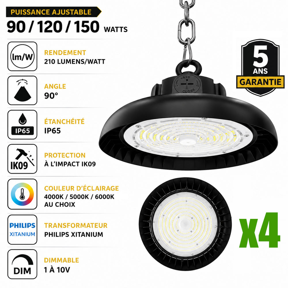 Pack de 4x Lampes industrielles UFO - Série AVENIR V2 - Puissance ajustable 90/120/150 Watts - 31 500 Lumens - 210 Lumens/Watt - Angle 90° - IP65 - IK09 - 300 x 110 mm - Dimmable 1-10V - Transformateur PHILIPS - Garantie 5 ans