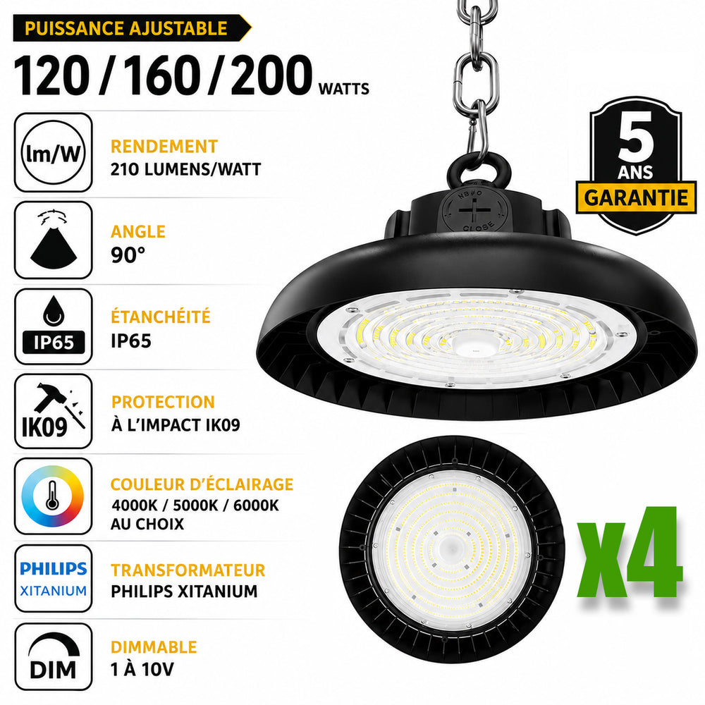 Pack de 4x Lampes industrielles UFO - Série AVENIR V2 - Puissance ajustable 120 / 160 / 200 Watts  - 42 000 Lumens - 210 Lumens/Watt - Angle 90° - IP65 - IK09 - 340 x 110 mm - Dimmable 1-10V - Transformateur PHILIPS - Garantie 5 ans