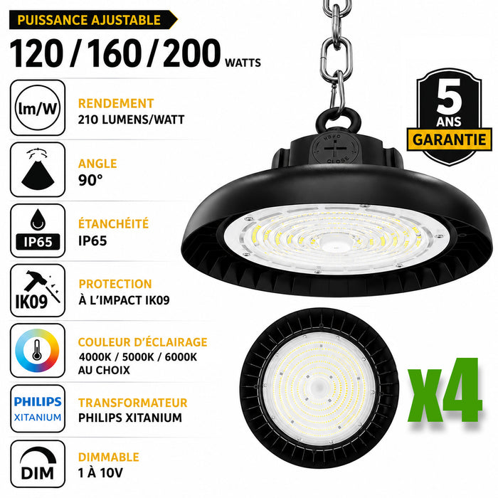 Pack de 4x Lampes industrielles UFO - Série AVENIR V2 - Puissance ajustable 120 / 160 / 200 Watts  - 42 000 Lumens - 210 Lumens/Watt - Angle 90° - IP65 - IK09 - 340 x 110 mm - Dimmable 1-10V - Transformateur PHILIPS - Garantie 5 ans