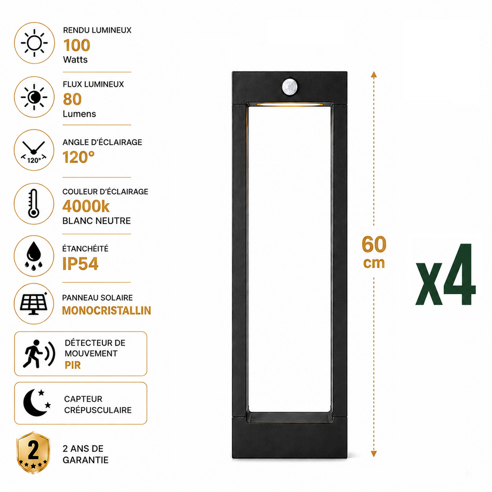 Pack de 4x Balises / Bornes solaires LED - Série BALIZ ALU 60CM - Rendu lumineux 100 Watts - 80 Lumens - Angle 120° - IP54 - 60 x 16 x 5 cm - Avec capteur crépusculaire - Avec détecteur de mouvement PIR - Panneau MONOCRISTALLIN - 4000K
