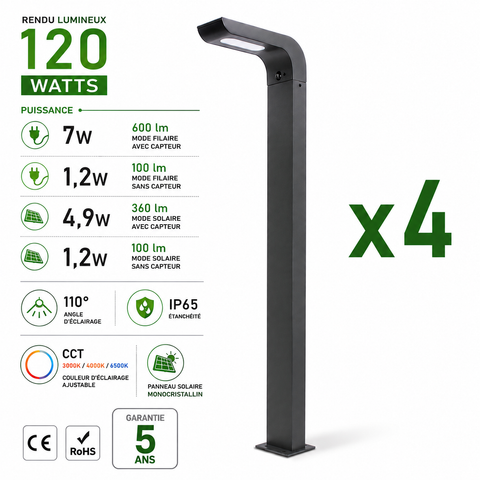Pack de 4x Balises / Bornes LED Hybrides - Série BALIZ ALU XL - CCT - Solaire & Filaire - 360 / 600 Lumens - Angle 110° - IP65 - 89 x 26 x 9 cm - Avec capteur crépusculaire - Avec détecteur de mouvement PIR - Garantie 5 ans