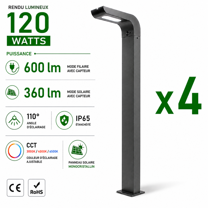 Pack de 4x Balises / Bornes LED Hybrides - Série BALIZ ALU XL - CCT - Solaire & Filaire - 360 / 600 Lumens - Angle 110° - IP65 - 89 x 26 x 9 cm - Avec capteur crépusculaire - Avec détecteur de mouvement PIR