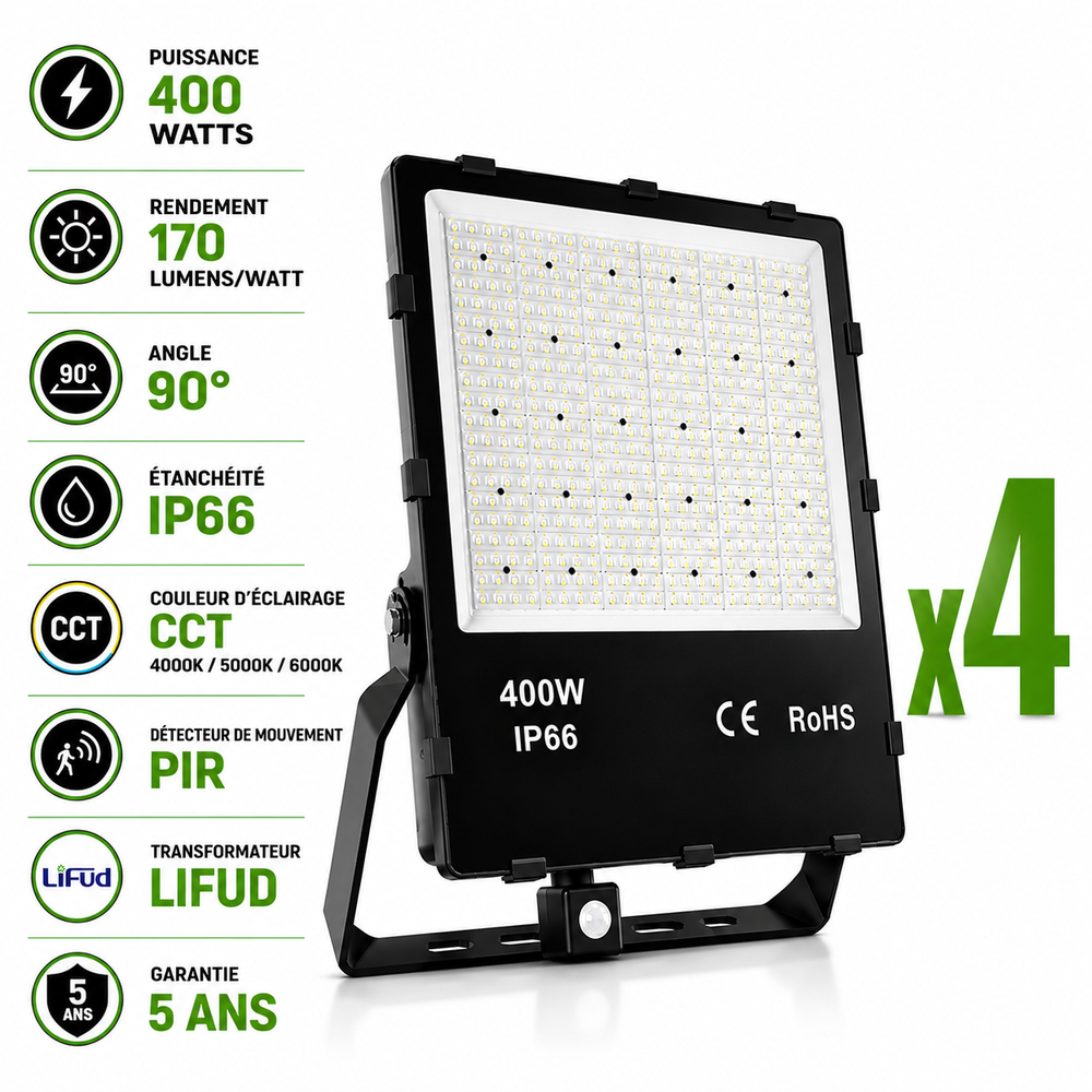 Pack de 4x Projecteurs détecteurs hautes puissances LED filaires - Série CITY PLUS SENSOR 400 - CCT - 400 Watts - 68 000 Lumens - 170 Lumens/watt - IP66 - Angle 90° - 45 x 38 x 6 cm - Transformateur LIFUD - Avec détecteur de mouvement - Garantie 5 ans