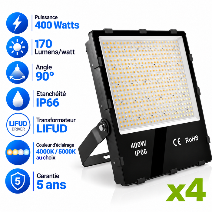Pack de 4x Projecteurs LED filaires - Série CITY PLUS EVO V3 - 400 Watts - 68 000 Lumens - 170 Lumens/Watt - Angle 90° -  IP66 - 45 x 38 x 6 cm - Transformateur LIFUD  - 4000K/5000K/6000K au choix - Garantie 5 ans
