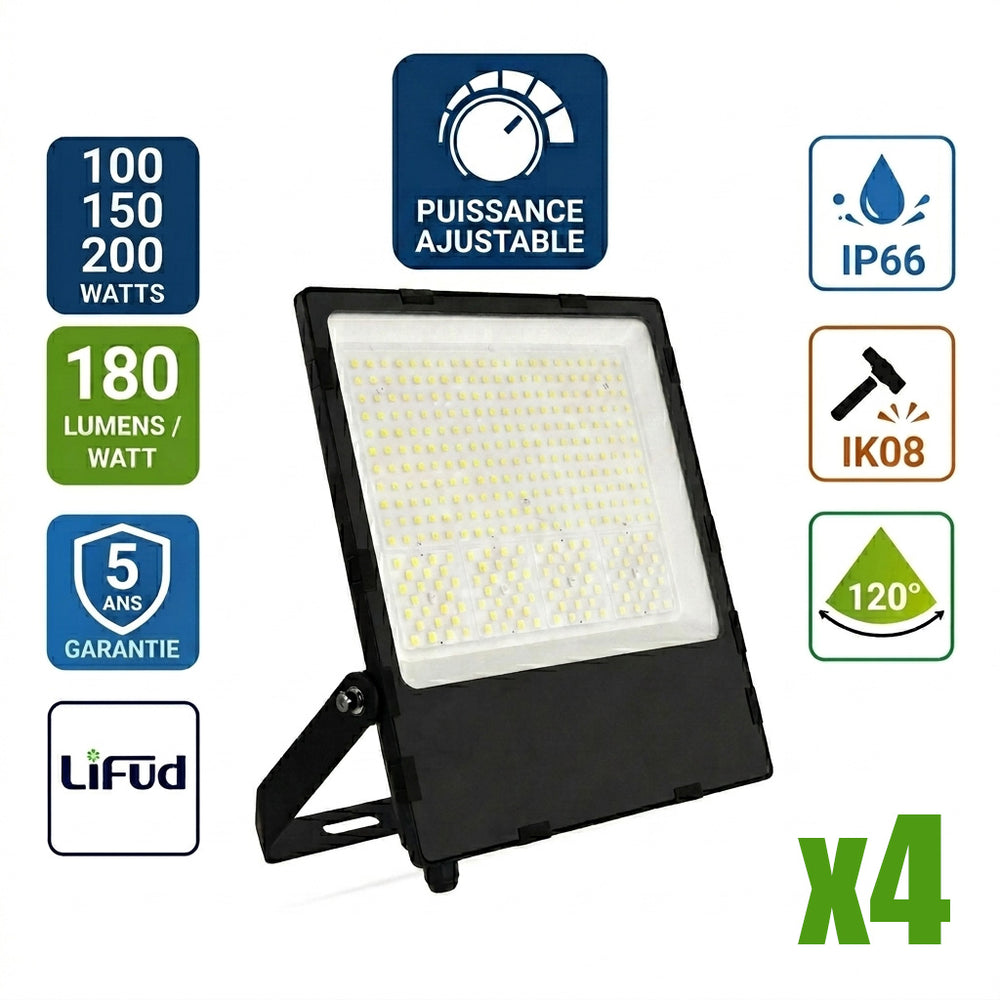 Pack de 4x Projecteurs LED filaires - Série CITY PLUS V4 - Puissance ajustable 100 / 150 / 200 Watts - CCT - 180 Lumens/Watt - 120° - IP66 - 45 x 35 x 32 cm - Protection à l'impact IK08 - Transformateur LIFUD - Garantie 5 ans