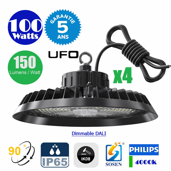Pack de 4x Lampes industrielles UFO - Série CROSSOVER V1 - 100 Watts - 15 000 Lumens - 150 Lumens/Watt - Angle 90° - IP65 - IK08 - 26 x 14 cm - Dimmable DALI - Transformateur SOSEN - 4000k - Garantie 5 ans