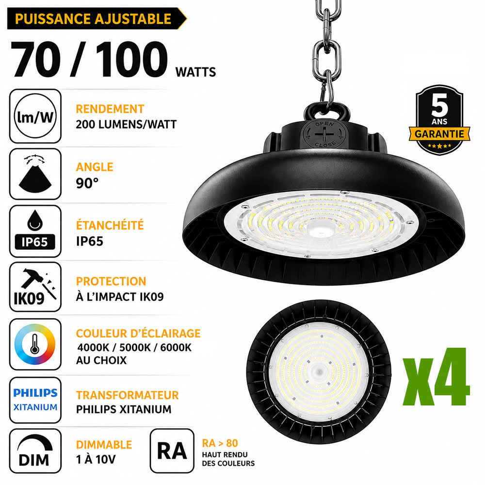 Pack de 4x Lampes industrielles UFO - Série CROSSOVER V3 - Puissance ajustable 70/100 Watts - 20 000 Lumens - 200 Lumens/Watt - Angle 90° - IP65 - IK09 - 255 x 110 mm - 4000k/5000k/6000k au choix - Dimmable 1-10V - Transformateur PHILIPS - Garantie 5 ans