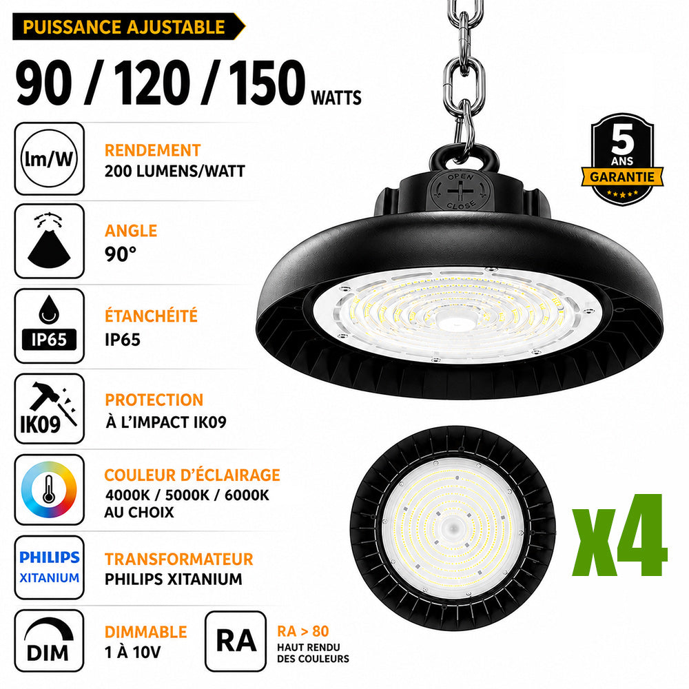 Pack de 4x Lampes industrielles UFO - Série CROSSOVER V3 - Puissance ajustable 90/120/150 Watts - 30 000 Lumens - 200 Lumens/Watt - Angle 90° - IP65 - IK09 - 300 x 110mm - Dimmable 1-10V - Transformateur PHILIPS - Garantie 5 ans