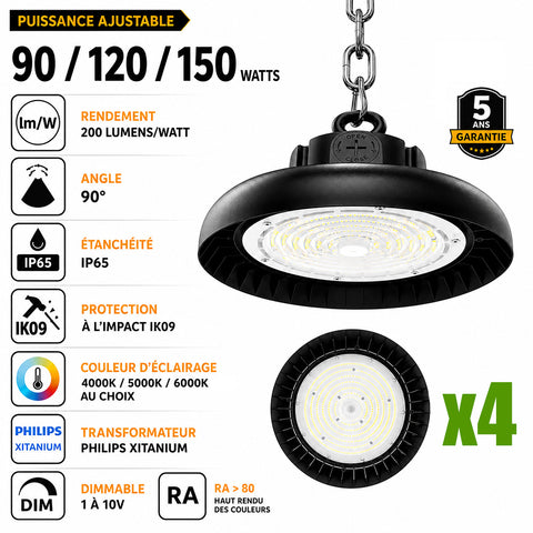 Pack de 4x Lampes industrielles UFO - Série CROSSOVER V3 - Puissance ajustable 90/120/150 Watts - 30 000 Lumens - 200 Lumens/Watt - Angle 90° - IP65 - IK09 - 300 x 110mm - Dimmable 1-10V - Transformateur PHILIPS - Garantie 5 ans