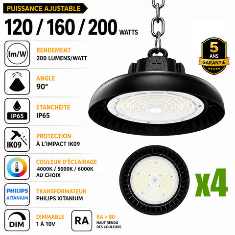 Pack de 4x Lampes industrielles UFO - Série CROSSOVER V3 - Puissance ajustable 120/160/200 Watts - 40 000 Lumens - 200 Lumens/Watt - Angle 90° - IP65 - IK09 - Dimmable 1-10V - Transformateur PHILIPS - Garantie 5 ans