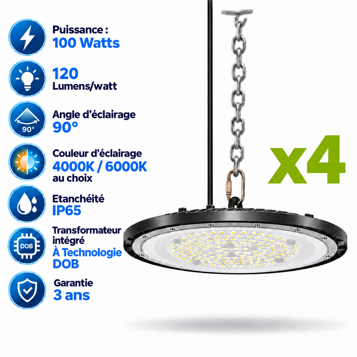 Pack de 4x Lampes industrielles UFO - Série DIAMANT ECO à technologie DOB - 100 Watts - 12 000 Lumens - 120 Lumens/Watt - Angle 90° - IP65 - 26 x 3 cm - 4000K/6000K au choix - Garantie 3 ans