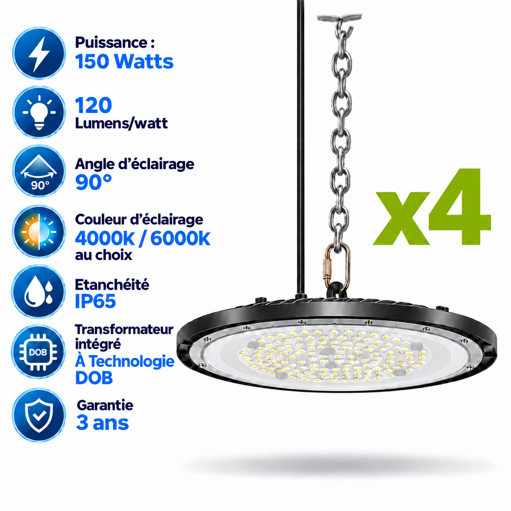 Pack de 4x Lampes industrielles UFO - Série DIAMANT ECO à technologie DOB - 150 Watts - 18 000 Lumens - 120 Lumens/Watt - Angle 90° - IP65 - 29 x 9 cm - 4000K/6000K au choix - Garantie 3 ans