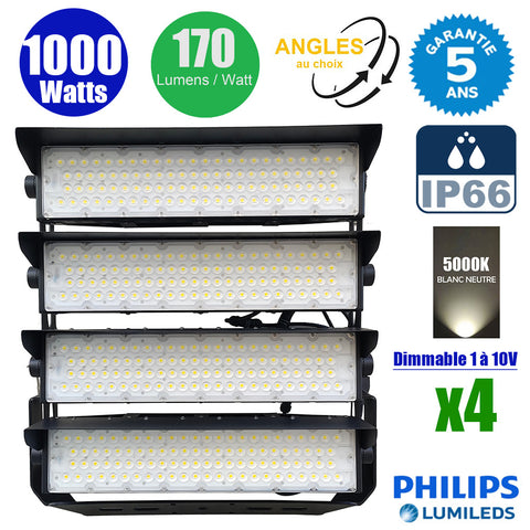 Pack de 4x Projecteurs de stade filaires - Série EVASION V2 - 1000 Watts - 170 000 Lumens - 170 Lumens/Watt - Angle 20° / 40° / 60° / 90° au choix - IP66 - 63 x 59 x 24 cm - Transformateur PHILIPS Xitanium - 5000k - Dimmable 1-10V - Garantie 5 ans