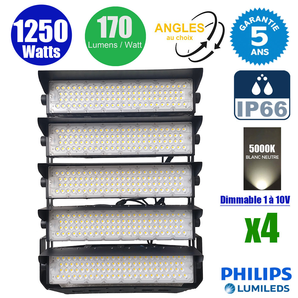 Pack de 4x Projecteurs de stade filaires - Série EVASION V2 - 1250 Watts - 212 500 Lumens - 170 Lumens/Watt - Angle 20° / 40° / 60° / 90° au choix - IP66 - 63 x 75 x 24 cm - Transformateur PHILIPS Xitanium - 5000k - Dimmable 1-10V - Garantie 5 ans