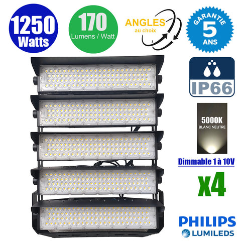 Pack de 4x Projecteurs de stade filaires - Série EVASION V2 - 1250 Watts - 212 500 Lumens - 170 Lumens/Watt - Angle 20° / 40° / 60° / 90° au choix - IP66 - 63 x 75 x 24 cm - Transformateur PHILIPS Xitanium - 5000k - Dimmable 1-10V - Garantie 5 ans