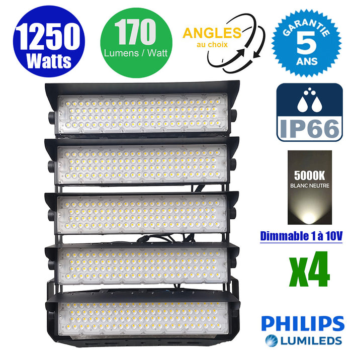Pack de 4x Projecteurs de stade filaires - Série EVASION V2 - 1250 Watts - 212 500 Lumens - 170 Lumens/Watt - Angle 20° / 40° / 60° / 90° au choix - IP66 - 63 x 75 x 24 cm - Transformateur PHILIPS Xitanium - 5000k - Dimmable 1-10V - Garantie 5 ans