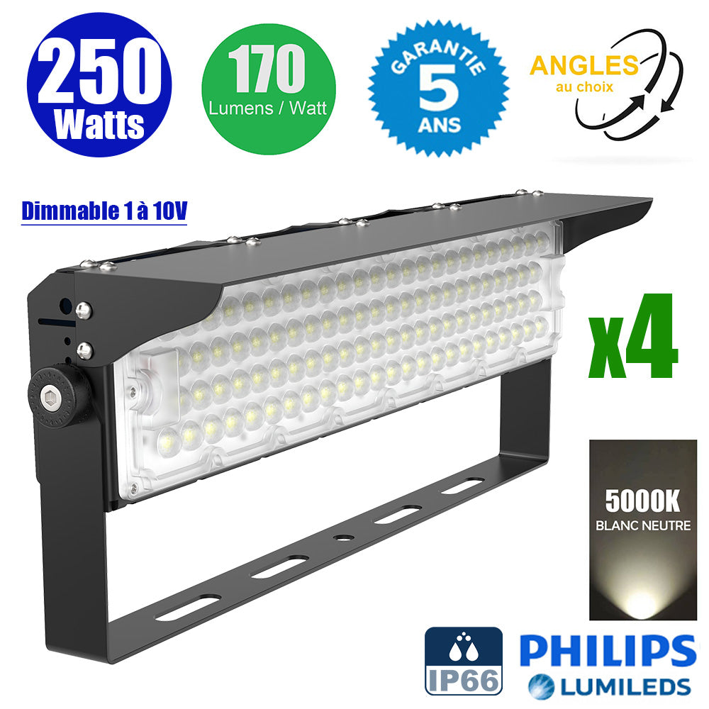 Pack de 4x Projecteurs de stade filaires - Série EVASION V2 - 250 Watts - 42 500 Lumens - 170 Lumens/Watt - Angle 20° / 40° / 60° / 90° au choix - IP66 - 59 x 20 x 19 cm - Transformateur PHILIPS Xitanium - 5000k - Dimmable 1-10V - Garantie 5 ans