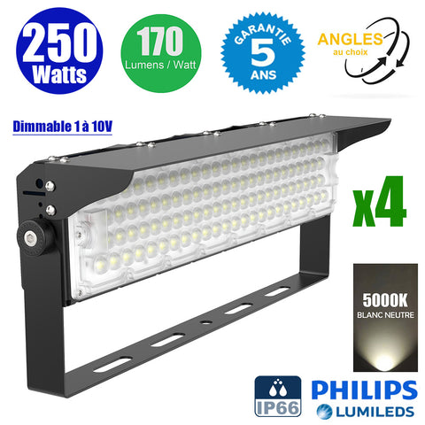 Pack de 4x Projecteurs de stade filaires - Série EVASION V2 - 250 Watts - 42 500 Lumens - 170 Lumens/Watt - Angle 20° / 40° / 60° / 90° au choix - IP66 - 59 x 20 x 19 cm - Transformateur PHILIPS Xitanium - 5000k - Dimmable 1-10V - Garantie 5 ans