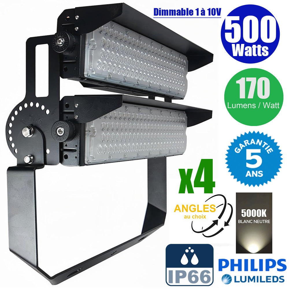 Pack de 4x Projecteurs de stade filaires - Série EVASION V2 - 500 Watts - 85 000 Lumens - 170 Lumens/Watt - Angle 20° / 40° / 60° / 90° au choix  - IP66 - 63 x 28 x 24 cm  - Transformateur PHILIPS Xitanium - Dimmable 1-10V - Garantie 5 ans