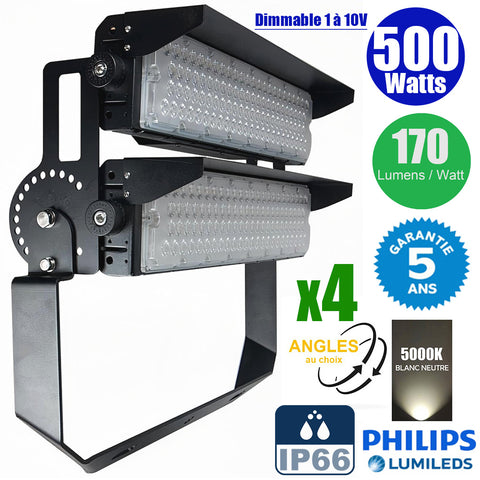 Pack de 4x Projecteurs de stade filaires - Série EVASION V2 - 500 Watts - 85 000 Lumens - 170 Lumens/Watt - Angle 20° / 40° / 60° / 90° au choix  - IP66 - 63 x 28 x 24 cm  - Transformateur PHILIPS Xitanium - Dimmable 1-10V - Garantie 5 ans
