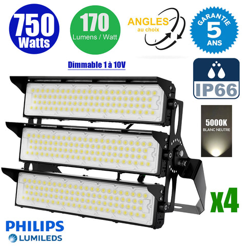 Pack de 4x Projecteurs de stade filaires - Série EVASION V2 - 750 Watts - 127 500 Lumens - 170 Lumens/Watt - Angle 20° / 40° / 60° / 90° au choix - IP66 - 63 x 44 x 24 cm - Transformateur PHILIPS Xitanium - 5000k - Dimmable 1-10V - Garantie 5 ans