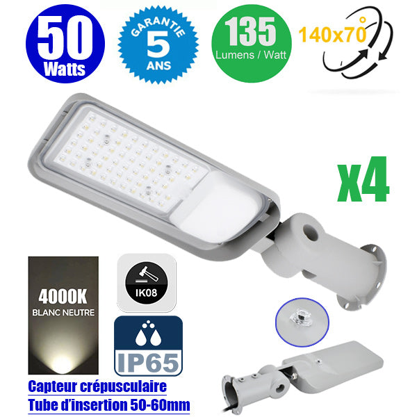 Pack de 4x Lampes de rue filaires - Série FLEX PLUS - 50 Watts - 6750 Lumens - 135 Lumens/Watt - Angle 140*70° - IP65 - IK08 - 47 x 15 x 11 cm - Tube d'insertion 50-60mm - Support ajustable - 4000K - Couleur GRIS - Capteur crépusculaire - Garantie 5 ans