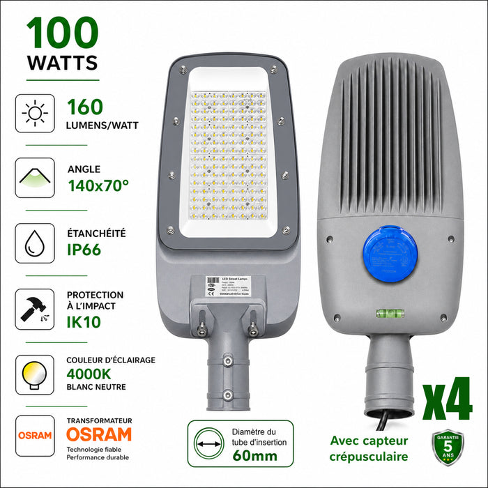 Pack 4x Lampadaires LED filaires - Série FLEX V4 EVO - 100 Watts - 16 000 Lumens - 160 Lumens/watt - Angle 140x70° - IP66  - 42 x 24 x 8 cm - Transformateur OSRAM - Tube d'insertion 60mm - Avec capteur crépusculaire - 4000k - Garantie 5 ans