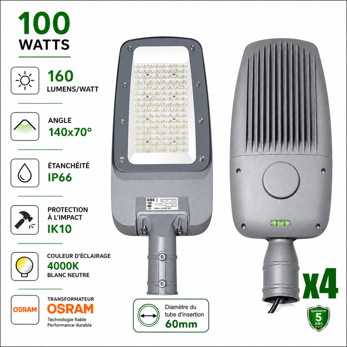 Pack de 4x Lampadaires LED filaires - Série FLEX V4 - 100 Watts - 16 000 Lumens - 160 Lumens/watt - Angle 140x70° - IP66  - 42 x 24 x 8 cm - Transformateur OSRAM - Tube d'insertion 60mm - 4000k - Garantie 5 ans