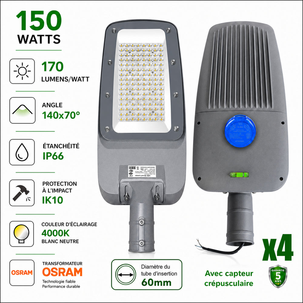 Pack 4x Lampadaires LED filaires - Série FLEX V4 EVO - 150 Watts - 25 500 Lumens - 170 Lumens/watt - Angle 140x70° - IP66  - 55 x 28 x 8 cm - Transformateur OSRAM - Tube d'insertion 60mm - Avec capteur crépusculaire - 4000k - Garantie 5 ans