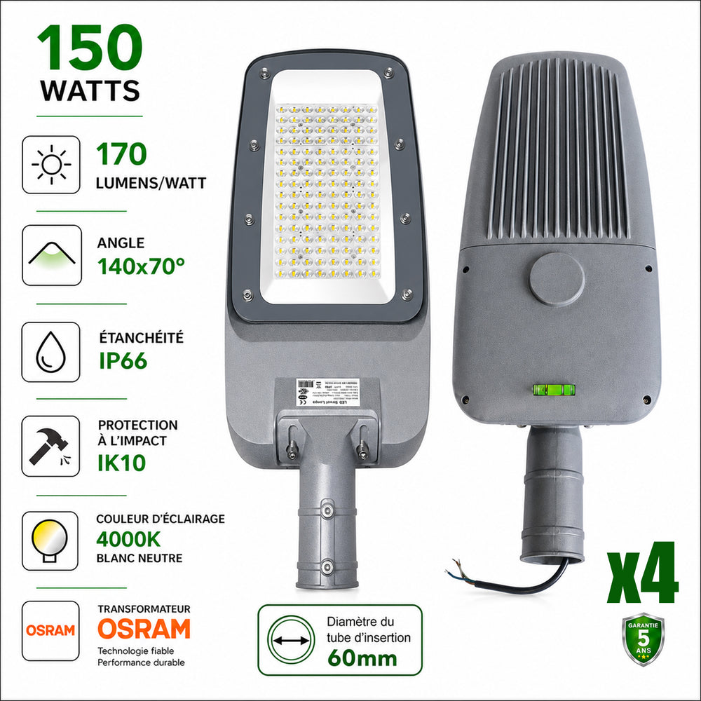 Pack de 4x Lampadaires LED filaires - Série FLEX V4 - 150 Watts - 25 500 Lumens - 170 Lumens/watt - Angle 140x70° - IP66  - 55 x 28 x 8 cm - Transformateur OSRAM - Tube d'insertion 60mm - 4000k - Garantie 5 ans