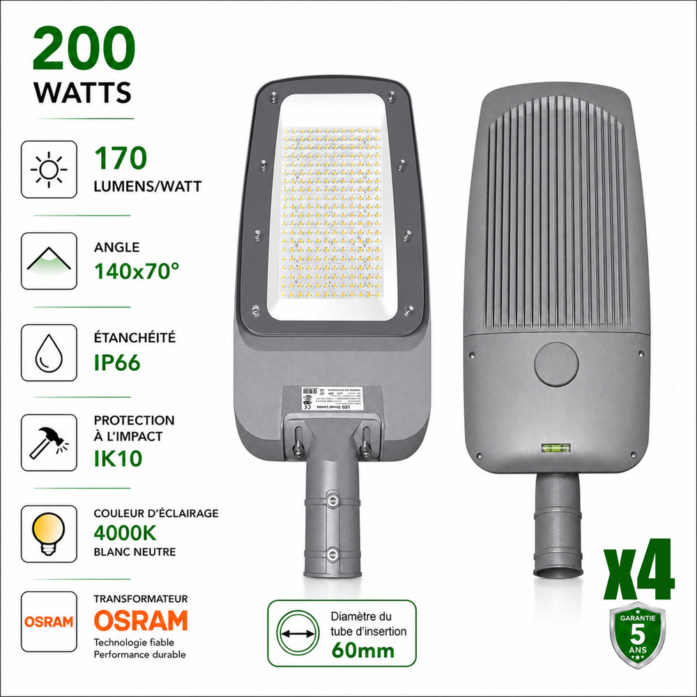 Pack de 4x Lampadaires LED filaires - Série FLEX V4 - 200 Watts - 34 000 Lumens - 170 Lumens/watt - Angle 140x70° - IP66  - 60 x 28 x 8 cm - Transformateur OSRAM - Tube d'insertion 60mm - 4000k - Garantie 5 ans