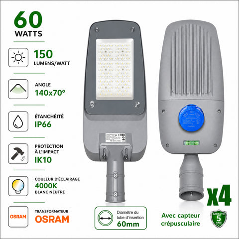 Pack 4x Lampadaires LED filaires - Série FLEX V4 EVO - 60 Watts - 9000 Lumens - 150 Lumens/watt - Angle 140x70° - IP66  - 37 x 18 x 8 cm - Transformateur OSRAM - Tube d'insertion 60mm - Avec capteur crépusculaire - 4000k - Garantie 5 ans