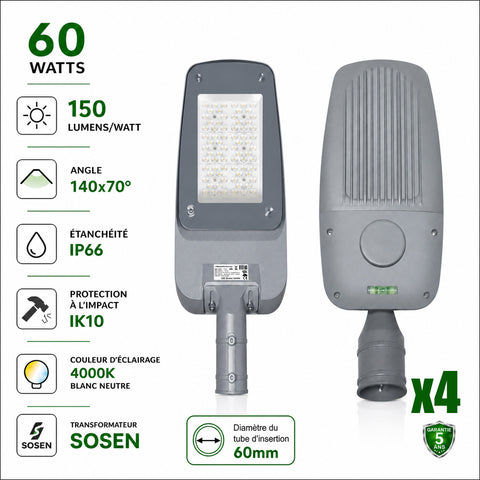 Pack 4x Lampadaires LED filaires - Série FLEX V4 - 60 Watts - 9000 Lumens - 150 Lumens/watt - Angle 140x70° - IP66  - 37 x 18 x 8 cm - Transformateur SOSEN - Tube d'insertion 60mm - 4000k - Garantie 5 ans