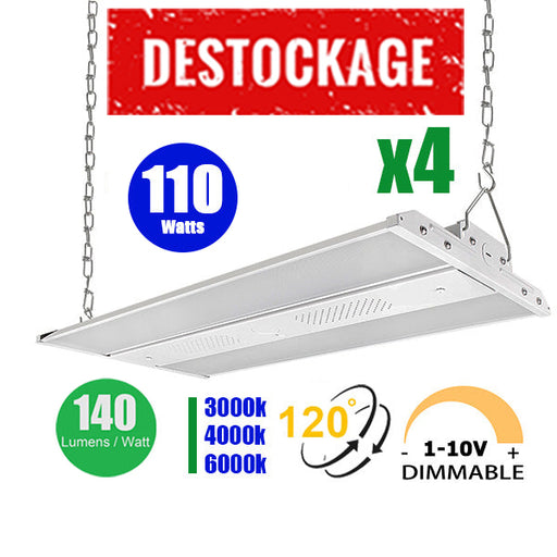Pack 4x Lampes industrielles linéaires – Série FUSION - 110 Watts - 3000 / 4000 / 6000k au choix - 140 Lumens/Watt - IP40 - Angle 120° - 60 x 30 x 4,7 cm - Dimmable
