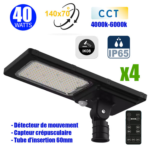 Pack de 4x Lampadaires LED hybrides - Série HYBRID V1 - Solaire & Filaire - CCT - 40 Watts - 6600 Lumens - IP65 - IK08 - Angle 140ºx70° - Panneau MONOCRISTALLIN - Tube d'insertion 60mm - Détecteur de mouvement - Télécommande