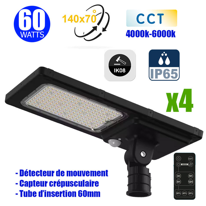 Pack de 4x Lampadaires LED hybrides - Série HYBRID V1 - Solaire & Filaire - CCT - 60 Watts - 9600 Lumens - IP65 - IK08 - Angle 140ºx70° - Panneau MONOCRISTALLIN - Tube d'insertion 60mm - Détecteur de mouvement - Télécommande