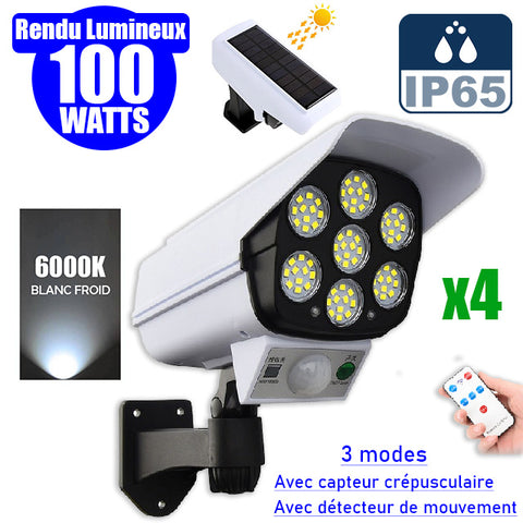 Pack de 4x Projecteurs LED solaires de sécurité - Série ILLUSION – Rendu lumineux 100 Watts - IP65 - 195 x 104 x 90 mm - 3 modes - Télécommande - Avec détecteur de mouvement – Fonction détection 0-100% - Avec capteur crépusculaire - 6000k