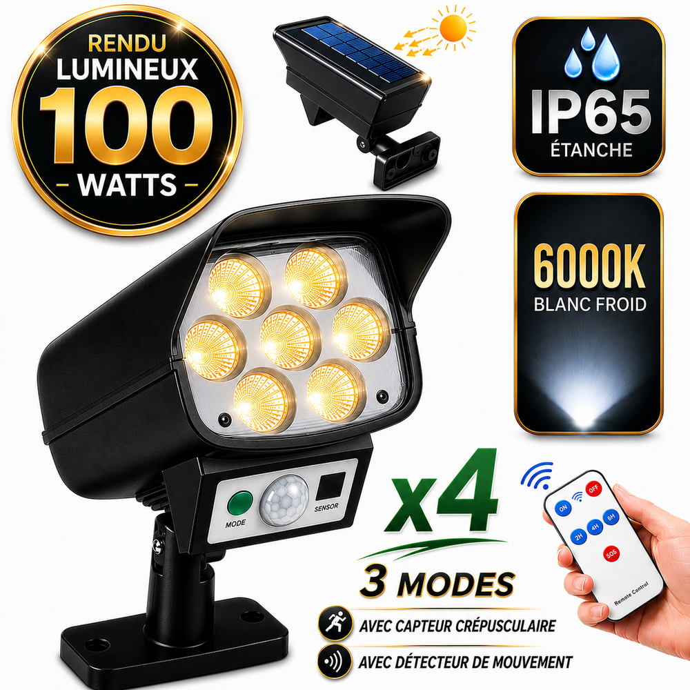 Pack de 2x Projecteurs LED solaires de sécurité - Série ILLUSION BLACK – Rendu lumineux 100 Watts - IP65 - 16 x 15 x 9 cm - 3 modes - Télécommande - Avec détecteur de mouvement – Fonction détection 0-100% - Avec capteur crépusculaire - 6000k