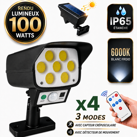 Pack de 4x Projecteurs LED solaires de sécurité - Série ILLUSION BLACK – Rendu lumineux 100 Watts - IP65 - 16 x 15 x 9 cm - 3 modes - Télécommande - Avec détecteur de mouvement – Fonction détection 0-100% - Avec capteur crépusculaire - 6000k
