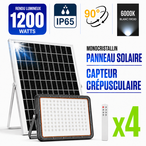 Pack de 4x Projecteurs LED solaires - Série PERFORMANCE V2 - 1200 Watts - 6000 Lumens - Angle 90° - IP65 - Lampe 30 x 23 x 4 cm - Avec télécommande - Capteur crépusculaire - 6000k