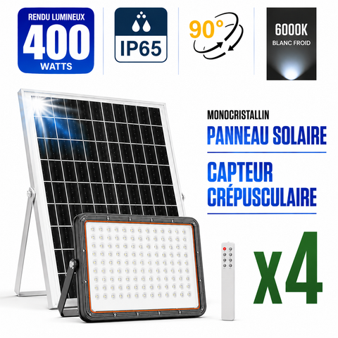 Pack de 4x Projecteurs LED solaires - Série PERFORMANCE V2 - 400 Watts - 6000 Lumens - Angle 90° - IP65 - Lampe 30 x 23 x 4 cm - Avec télécommande - Capteur crépusculaire - 6000k