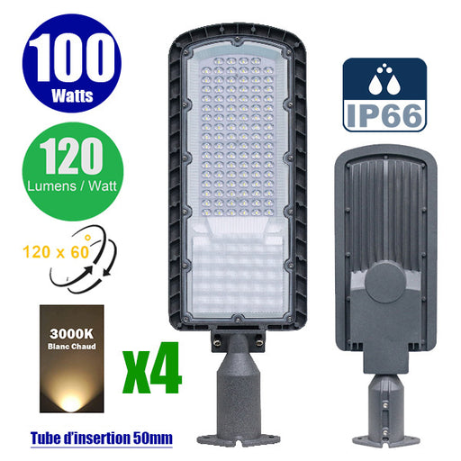 Pack de 4x Lampes de rue filaire - Série FLEX ECO - 100 Watts - 12 000 Lumens - 120 Lumens/Watt - Angle 120 x 60° - IP66 - IK08 - 573 x 190 x 70mm - Tube d'insertion 50mm - 3000k