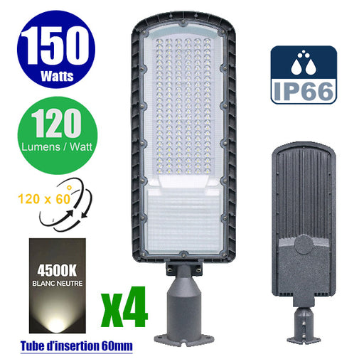 Pack de 4x Lampes de rue filaire - Série FLEX ECO - 150 Watts - 18 000 Lumens - 120 Lumens/Watt - Angle 120 x 60° - IP66 - IK08 - 665 x 210 x 80mm - Tube d'insertion 60mm - 4500k