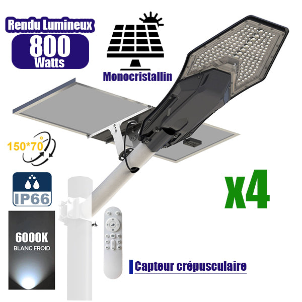 Pack de 4x Lampes de rue solaires - Série INTERSTELLAR ELITE 800 Watts - 5600 Lumens - Angle 150*70° - IP66 - Lampe 75 x 34 x 10 cm - Panneau MONO 67 x 45 x 3 cm - Contrôleur intelligent - Avec télécommande - 6000k - Support inclus - Capteur crépusculaire