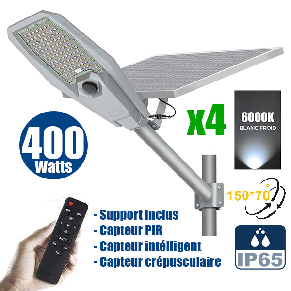 Pack de 4x Lampes de rue solaire - Série INTERSTELLAR ULTRA - 400 Watts - 3100 Lumens - Angle 150x70° - IP65 - Lampe 62 x 30 x 8 cm - Controleur intelligent - Avec télecommande - Capteur PIR - 6000k - Support inclus - Capteur crépusculaire