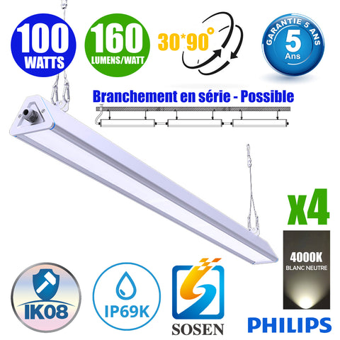 Pack de 4x Lampes industrielles linéaires - Série LINEAR V2 - 100 Watts - 16 000 Lumens - 160 Lumens/watt - Angle 30x90°  - IP66 - 60 x 11 x 8 cm - Transformateur SOSEN - Branchement en Série Possible - 4000K - Garantie 5 ans