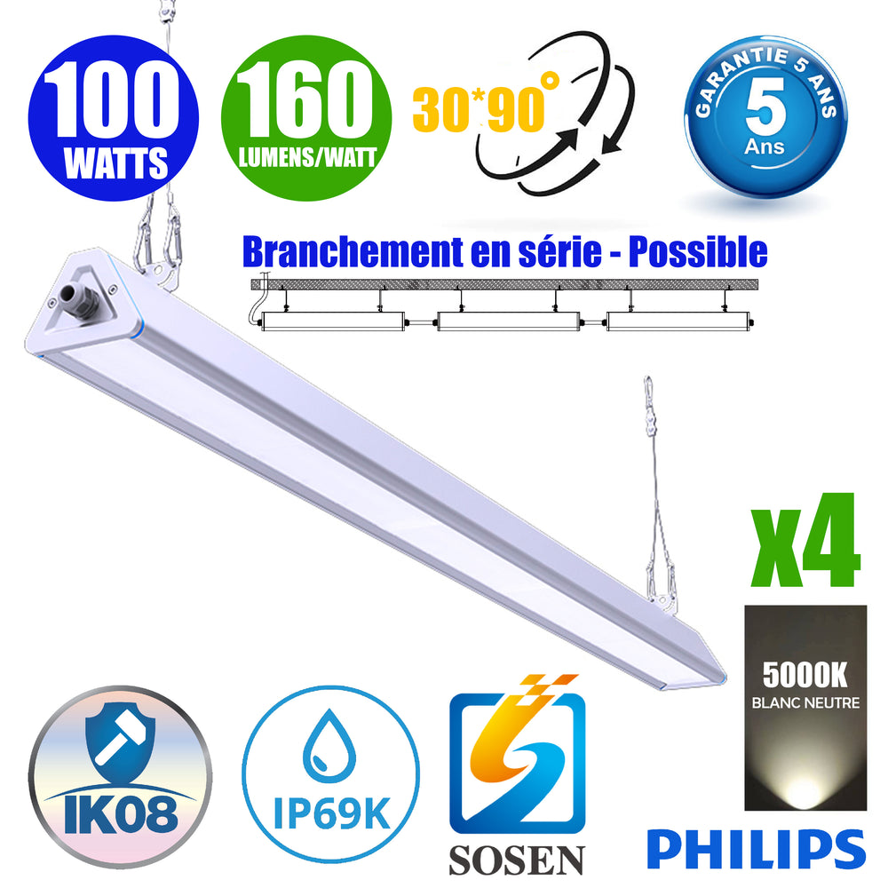 Pack de 4x Lampes industrielles linéaires - Série LINEAR V2 - 100 Watts - 16 000 Lumens - 160 Lumens/watt - Angle 30x90°  - IP66 - 60 x 11 x 8 cm - Transformateur SOSEN - Branchement en Série Possible - 5000K - Garantie 5 ans