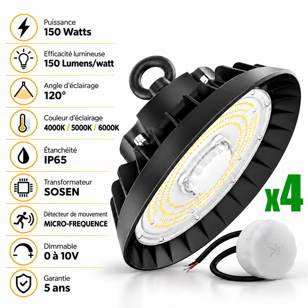 Pack de 4x Lampes industrielles UFO - Série LIGHT V3 SENSOR - Avec détecteur de mouvement - 150 Watts - 22 500 Lumens - 150 Lumens/Watt - Angle 120° - IP65 - 28 x 12 cm - Transformateur SOSEN - Dimmable 0 à 10V - 3000k/4000k/6000k - Garantie 5 ans